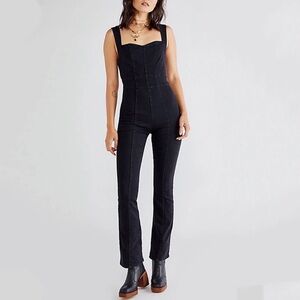 Free People Marci Black Denim Jumpsuit Flare Leg Small Boho Retro